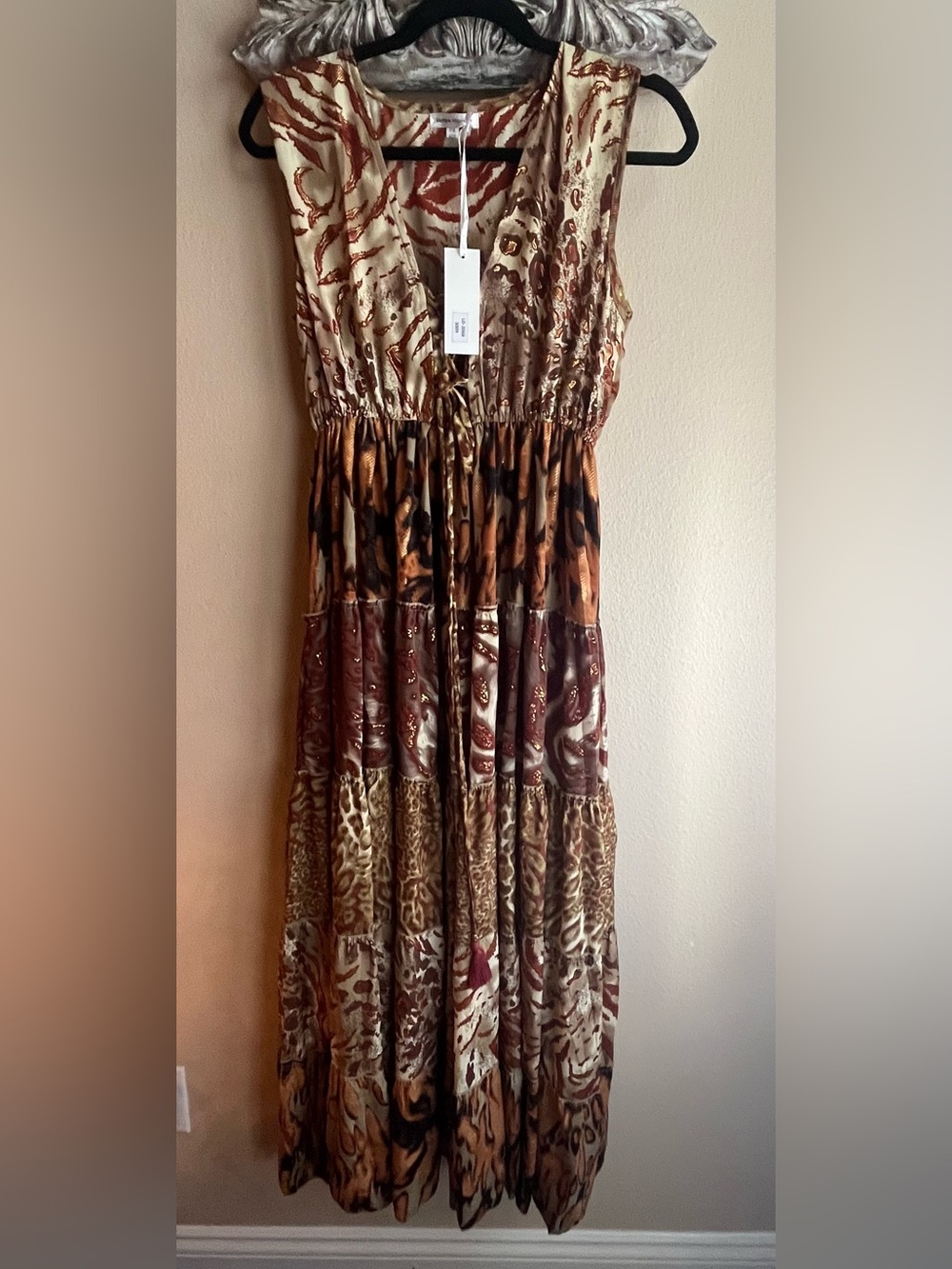 Boho Tiered Animal Print Maxi Dress - Cream & Brown